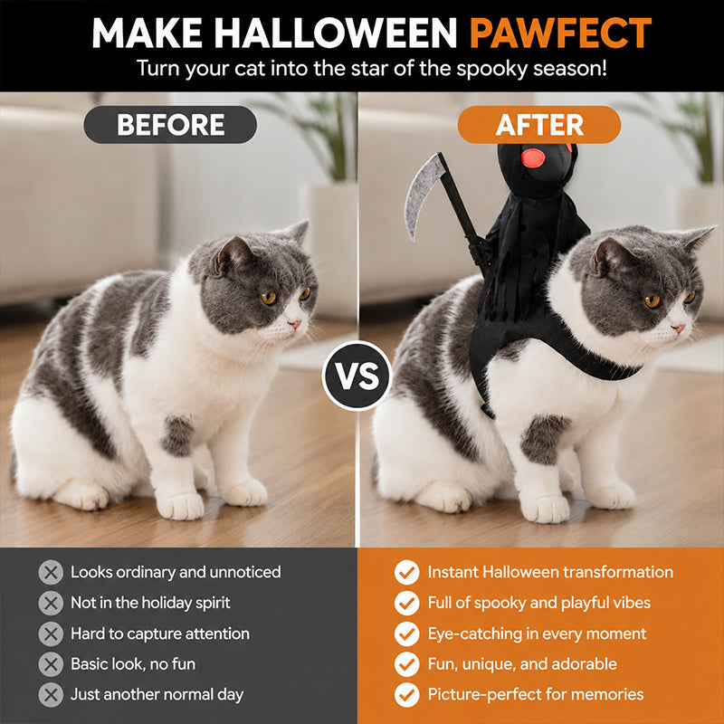 Halloween Cat Grim Reaper Cloak Costume with Mini Scythe