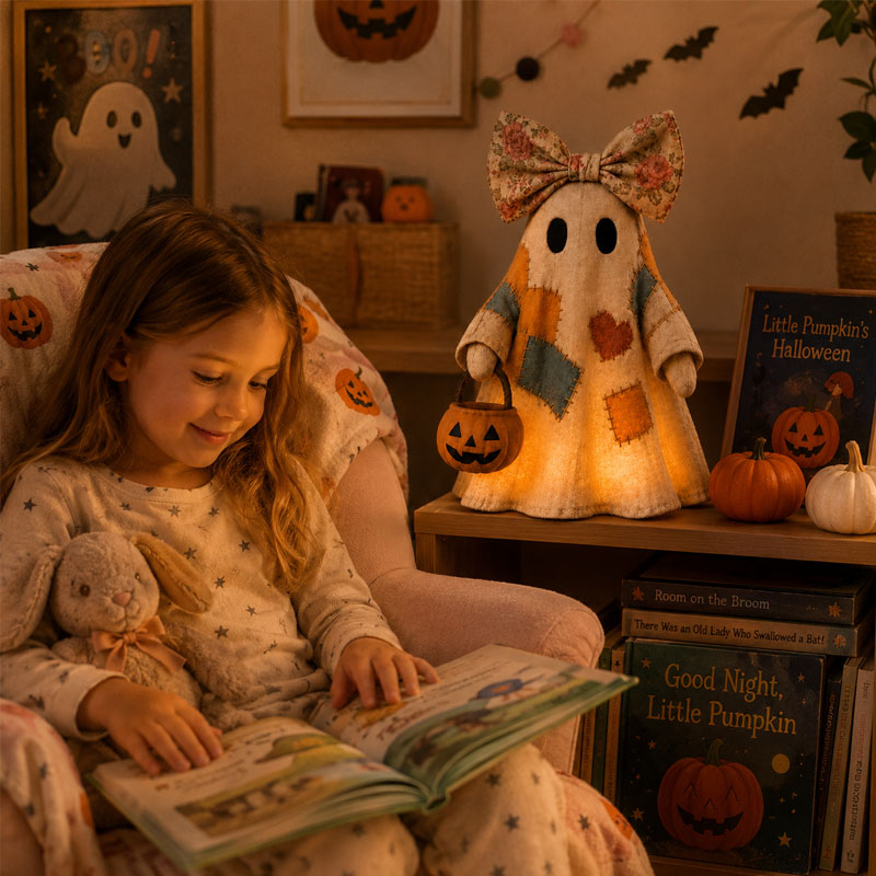 Whimsical Patchwork Ghost Halloween Decor with Floral Bow