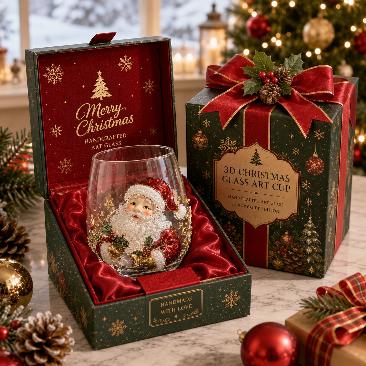3D Christmas Glass Art Cup with Raised Holiday Designs
