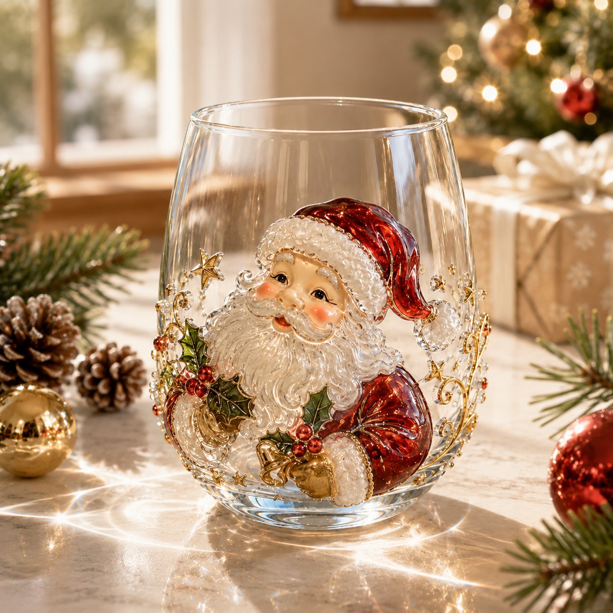 3D Christmas Glass Art Cup with Raised Holiday Designs