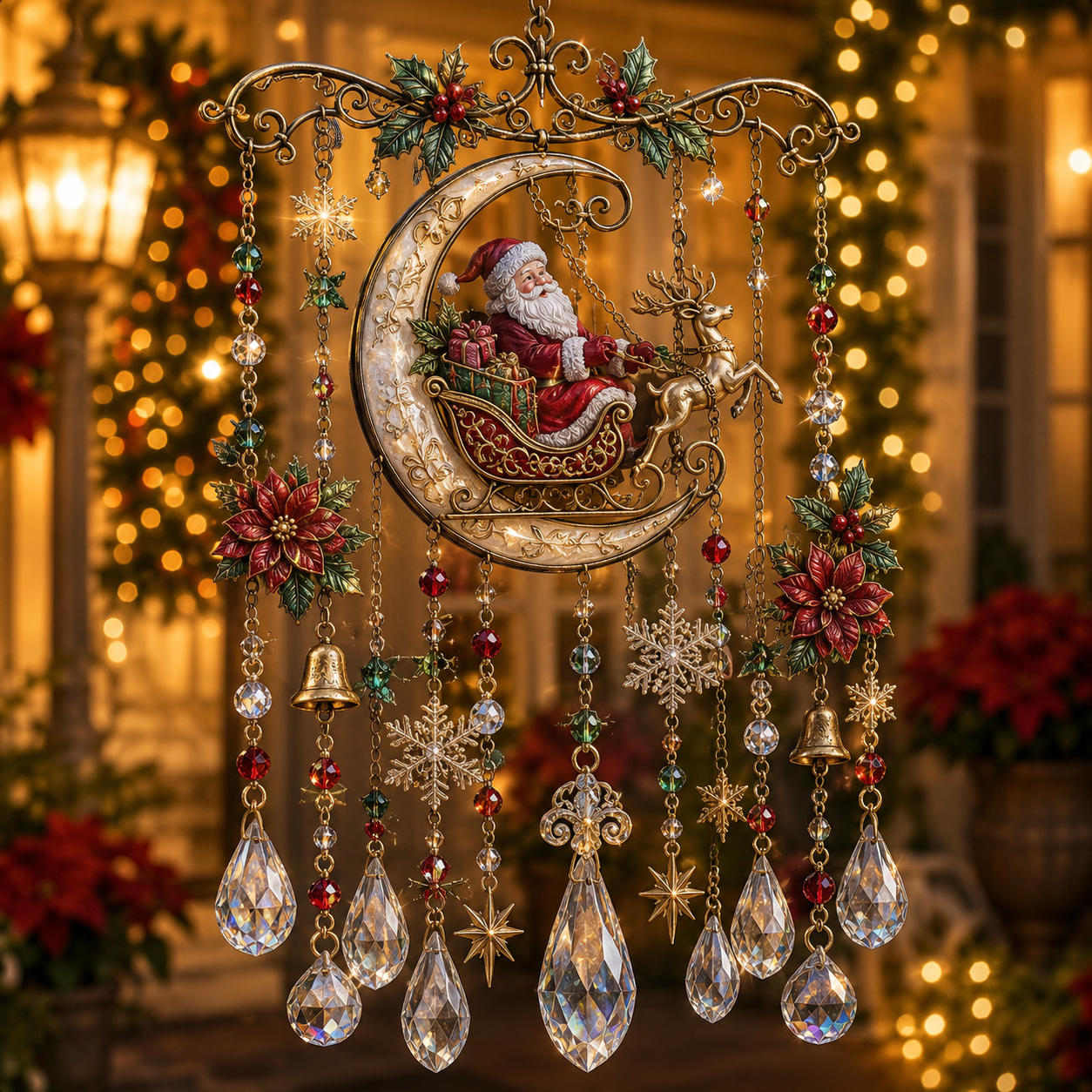 Christmas Crystal Wind Chime with Festive Charms, Gift Decor