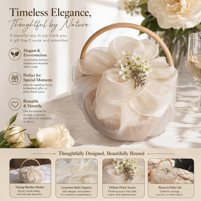 Korean Style Tulle Gift Basket with Curved Wood Handle
