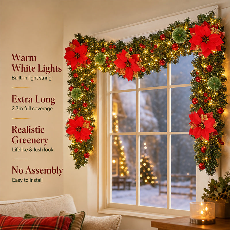Artificial Christmas Pine Garland with Poinsettias for Doors & Mantels