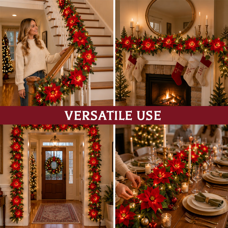 Battery-Powered Poinsettia LED Christmas Garland