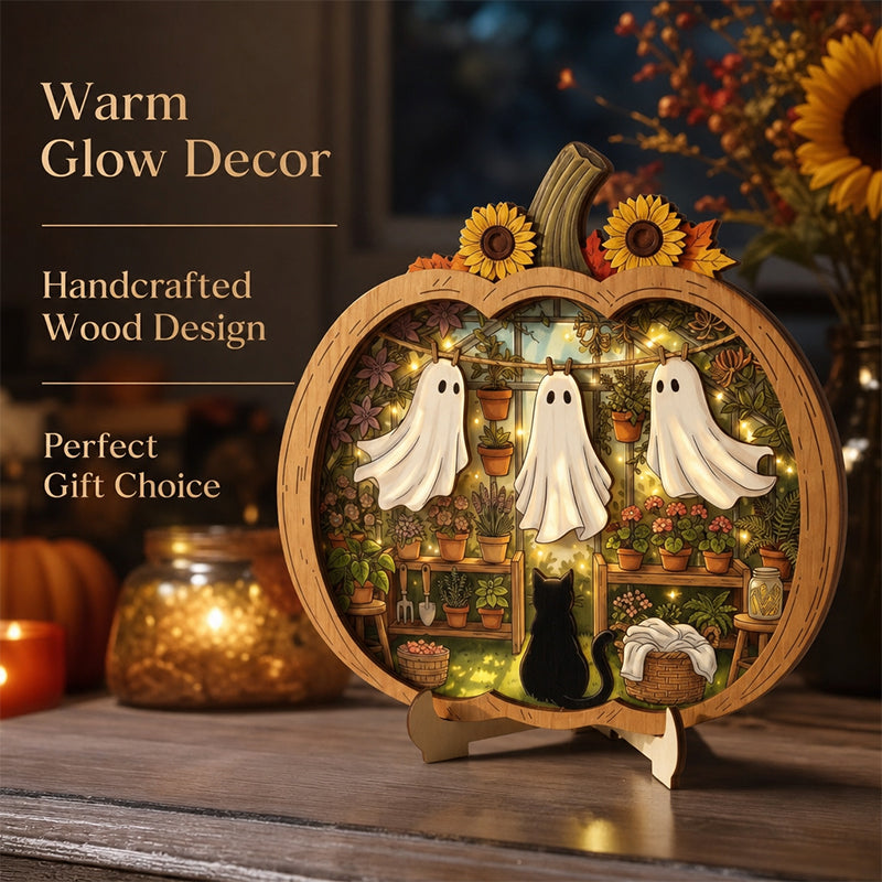 Teak Wood Halloween Ghost Pumpkin Tabletop Decor