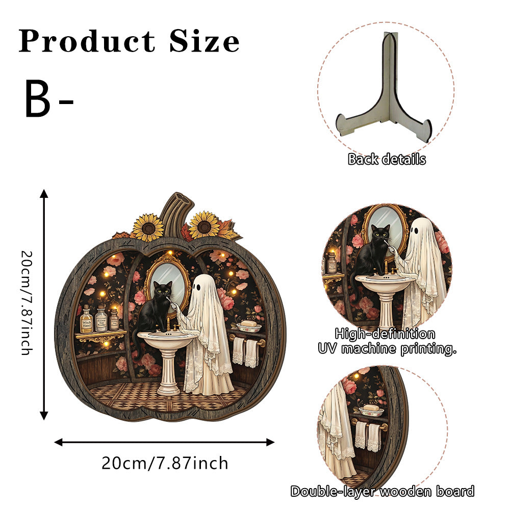 Teak Wood Halloween Ghost Pumpkin Tabletop Decor