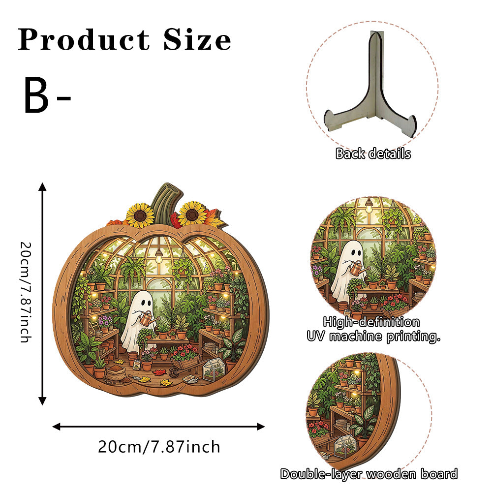 Teak Wood Halloween Ghost Pumpkin Tabletop Decor