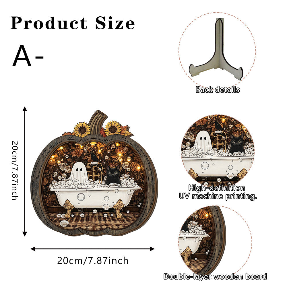 Teak Wood Halloween Ghost Pumpkin Tabletop Decor