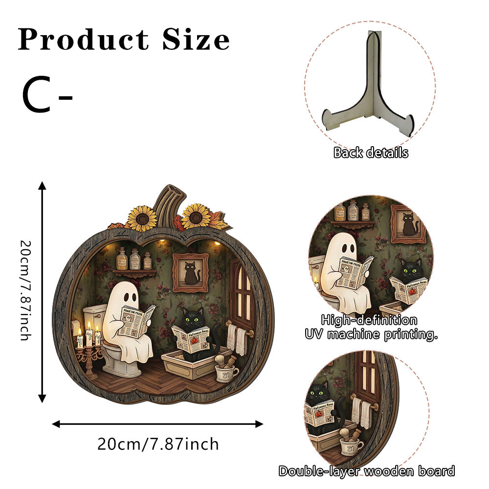 Teak Wood Halloween Ghost Pumpkin Tabletop Decor