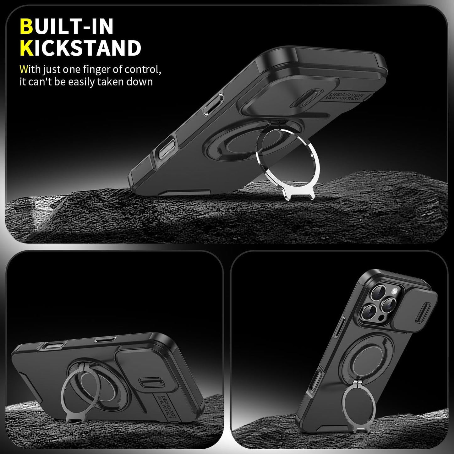 Case with Slide Camera Cover & Rotatable Ring Kickstand, Grade Shockproof Protective Case