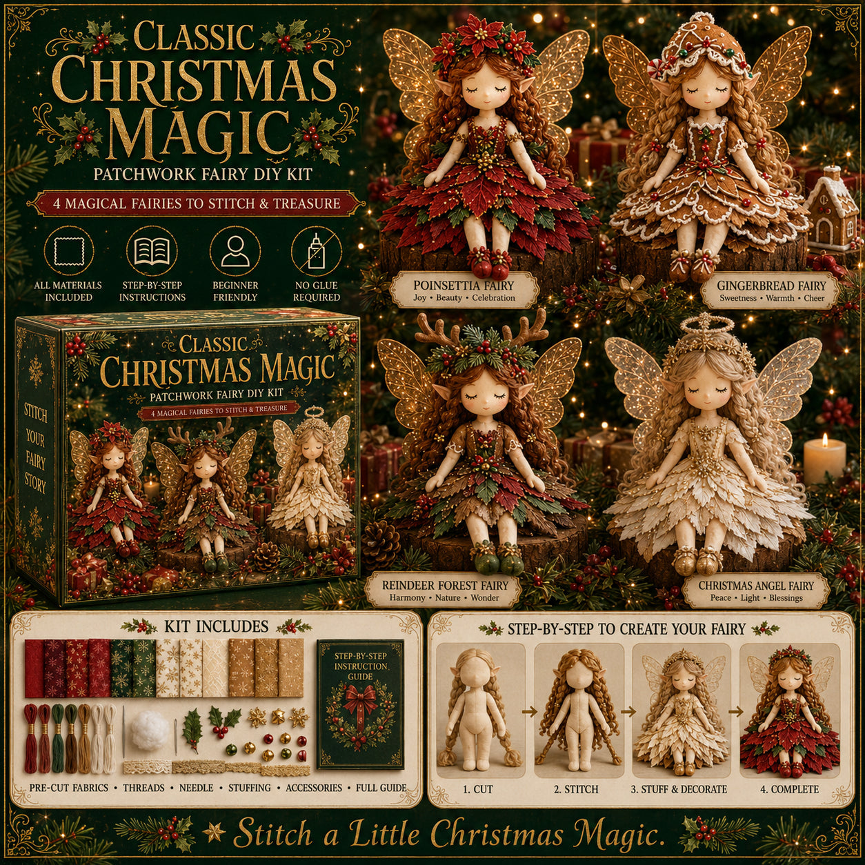 Christmas Magic Patchwork Fairy DIY Kit - Make 4 Fabric Dolls
