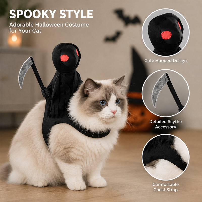Halloween Cat Grim Reaper Cloak Costume with Mini Scythe