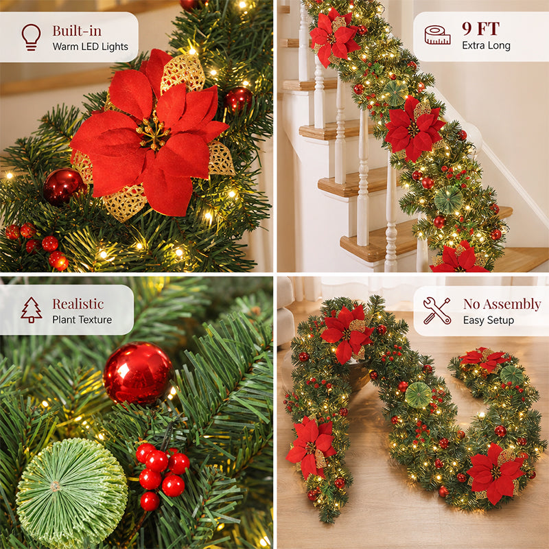 Artificial Christmas Pine Garland with Poinsettias for Doors & Mantels