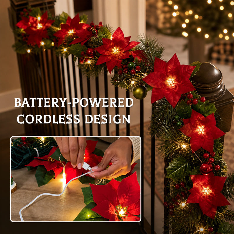 Battery-Powered Poinsettia LED Christmas Garland