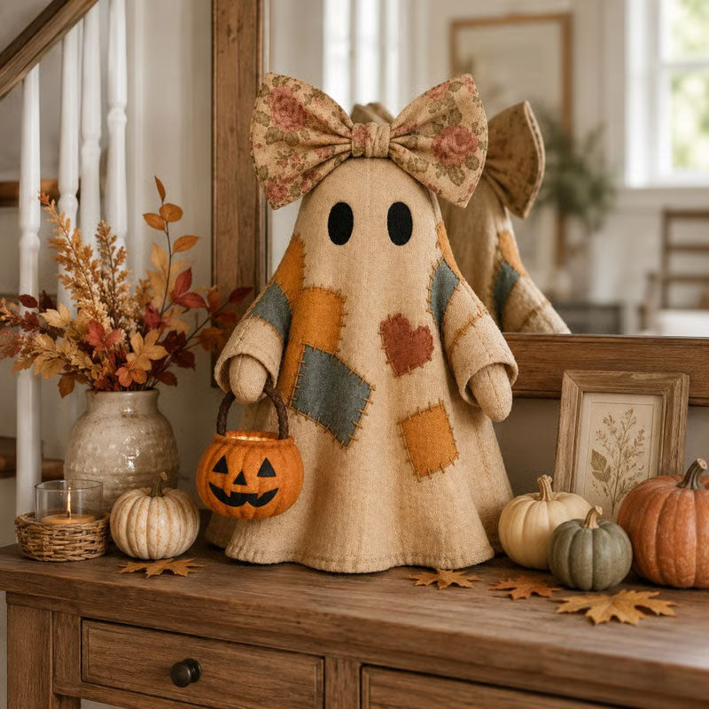 Whimsical Patchwork Ghost Halloween Decor with Floral Bow
