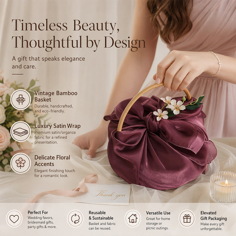 Korean Style Tulle Gift Basket with Curved Wood Handle