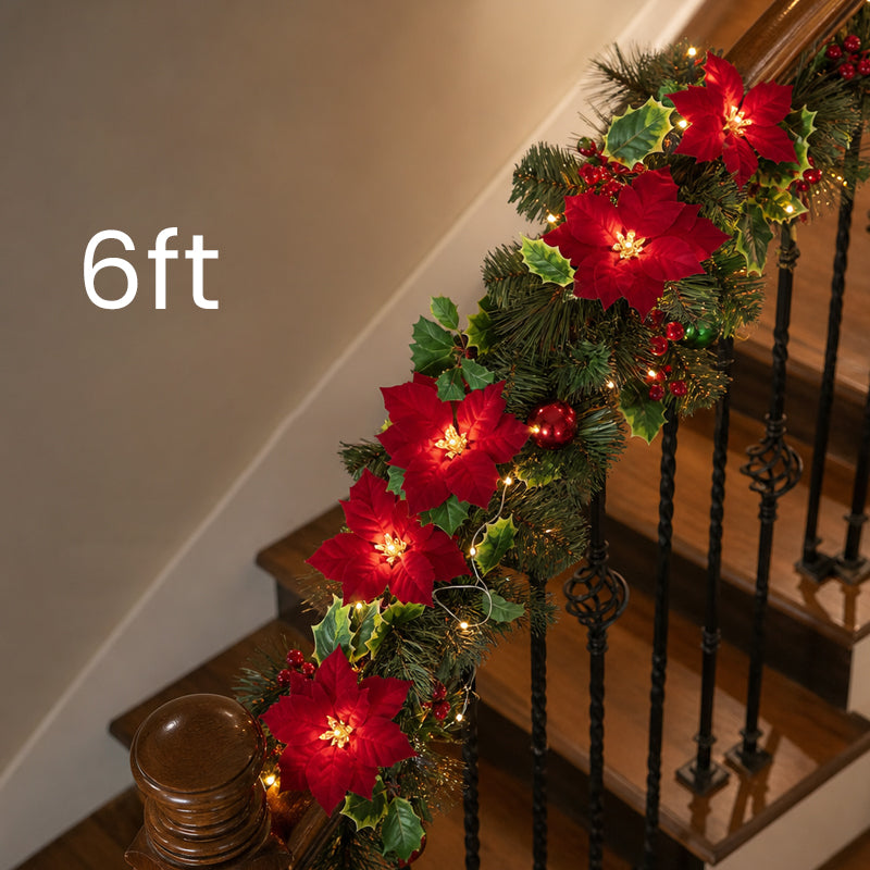 Battery-Powered Poinsettia LED Christmas Garland