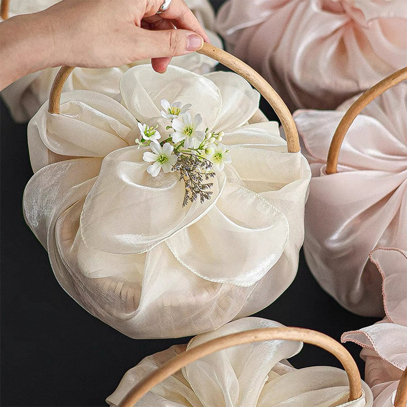 Korean Style Tulle Gift Basket with Curved Wood Handle