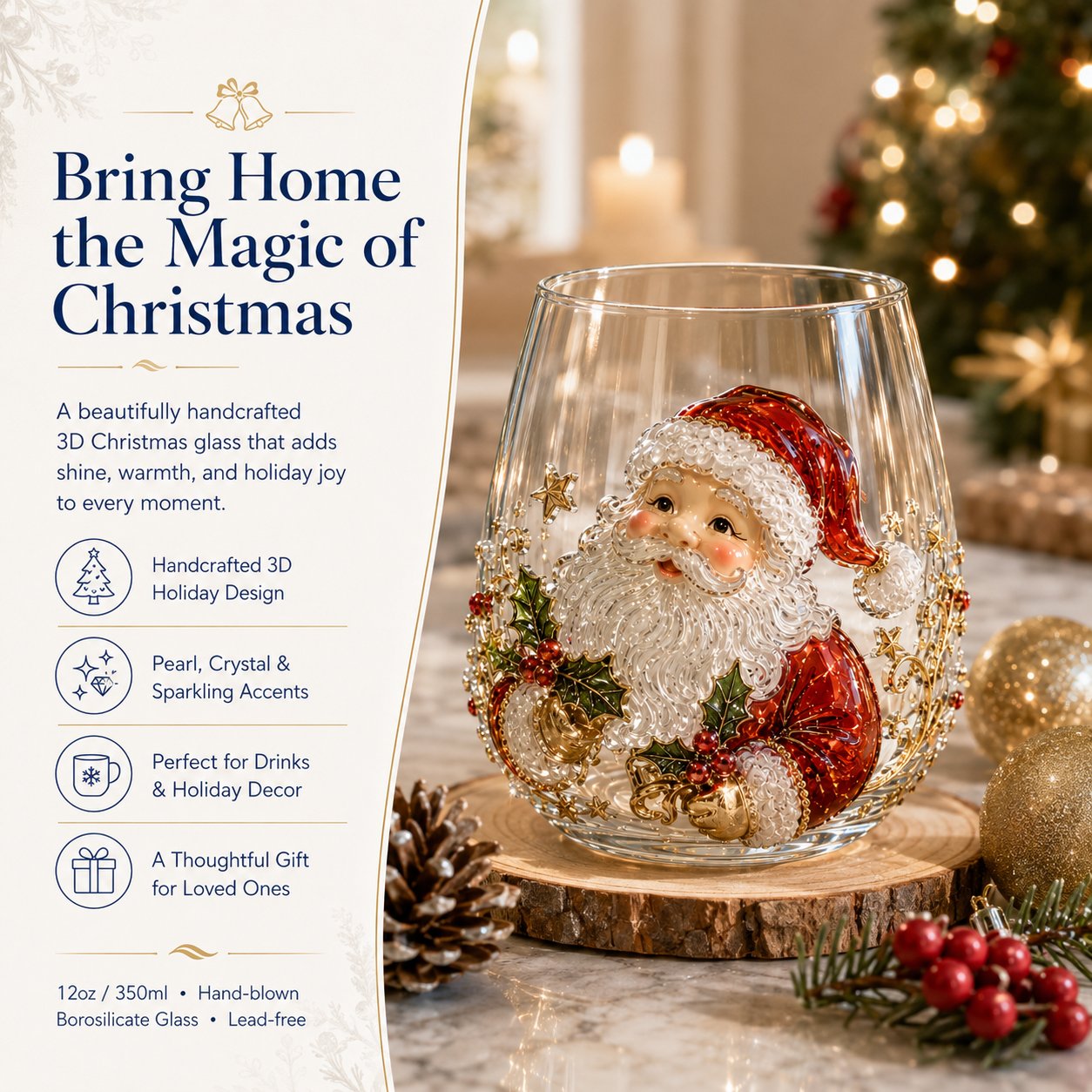 3D Christmas Glass Art Cup with Raised Holiday Designs