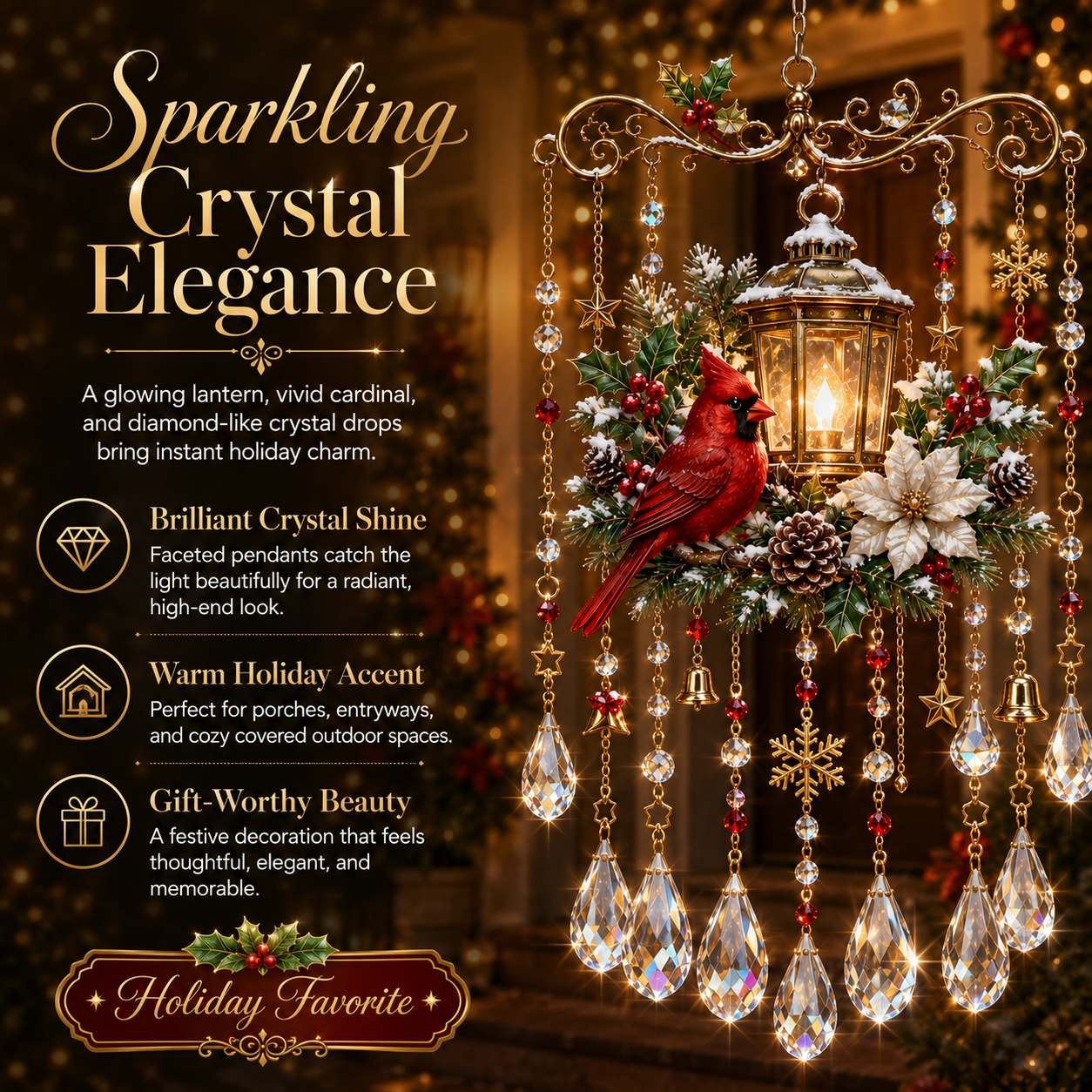 Christmas Crystal Wind Chime with Festive Charms, Gift Decor
