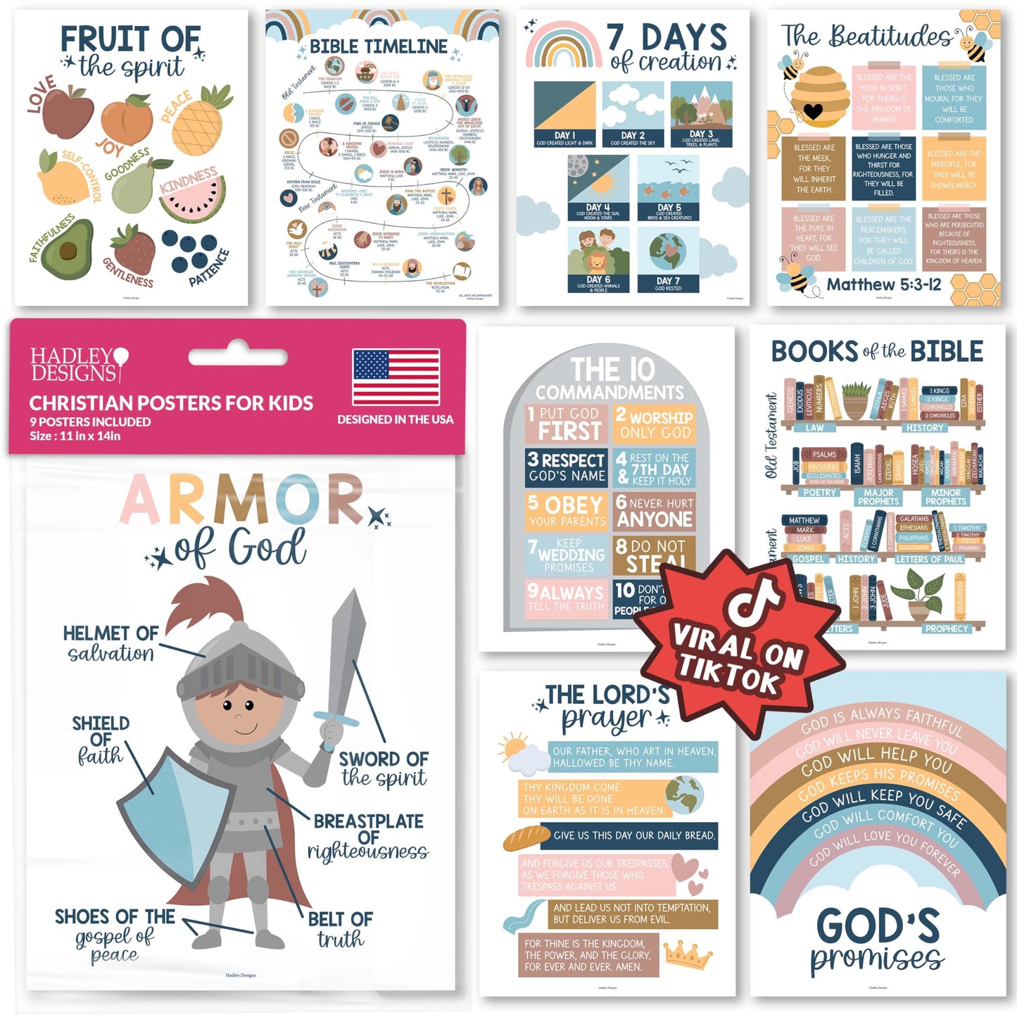 Hadley Designs 9-Pack Christian Posters for Kids (11x14")