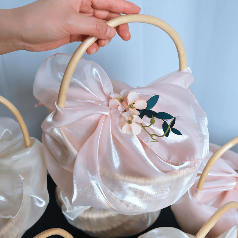 Korean Style Tulle Gift Basket with Curved Wood Handle