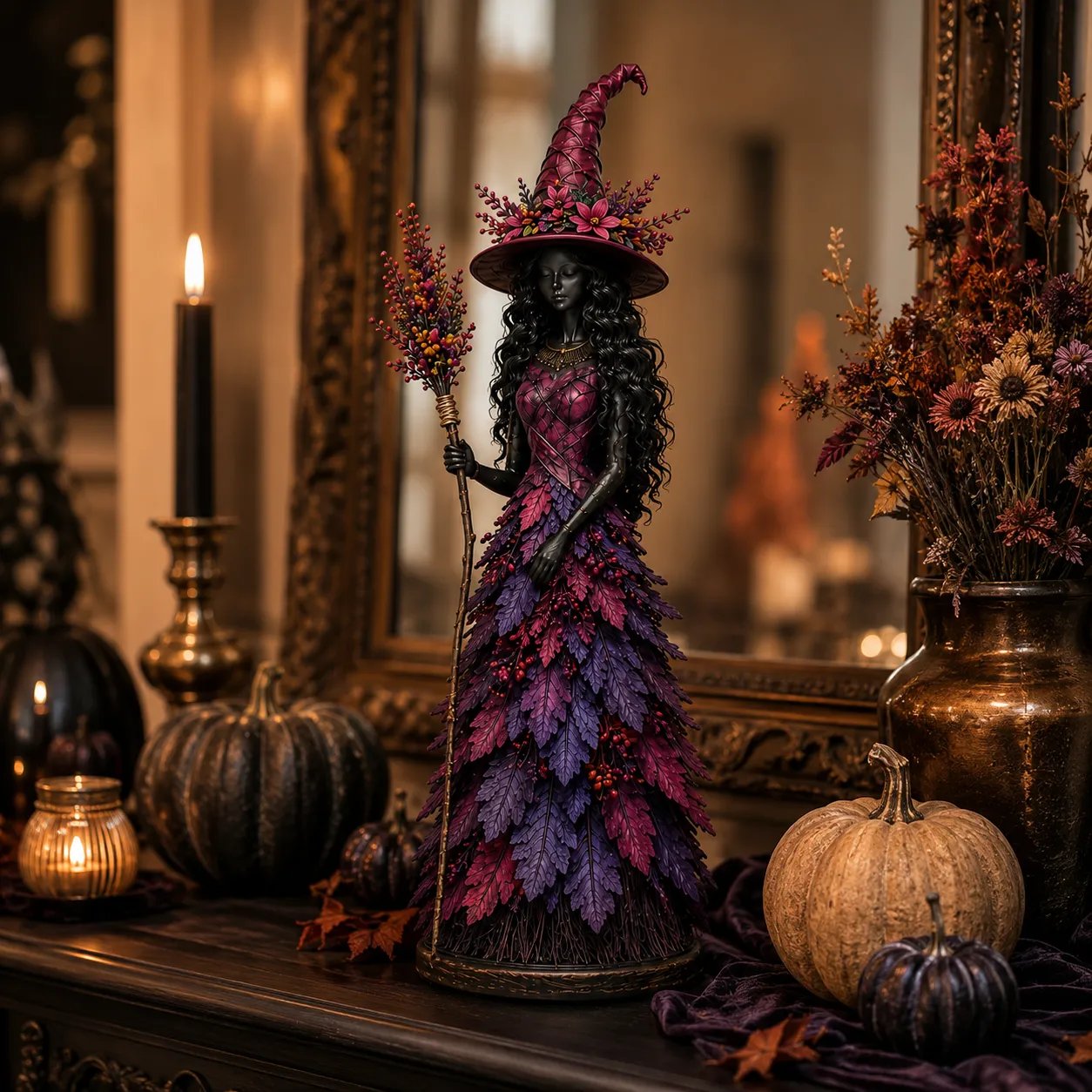 Enchanted Autumn Witch Figurine | Handmade Seasonal Fall Decor