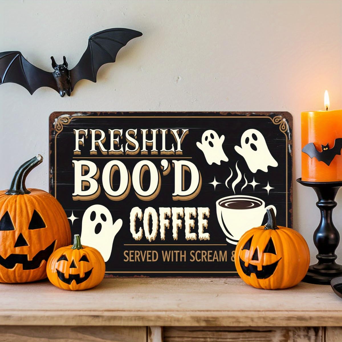 Freshly Boo'd Coffee Halloween Tin Sign for Kitchen Wall Decor