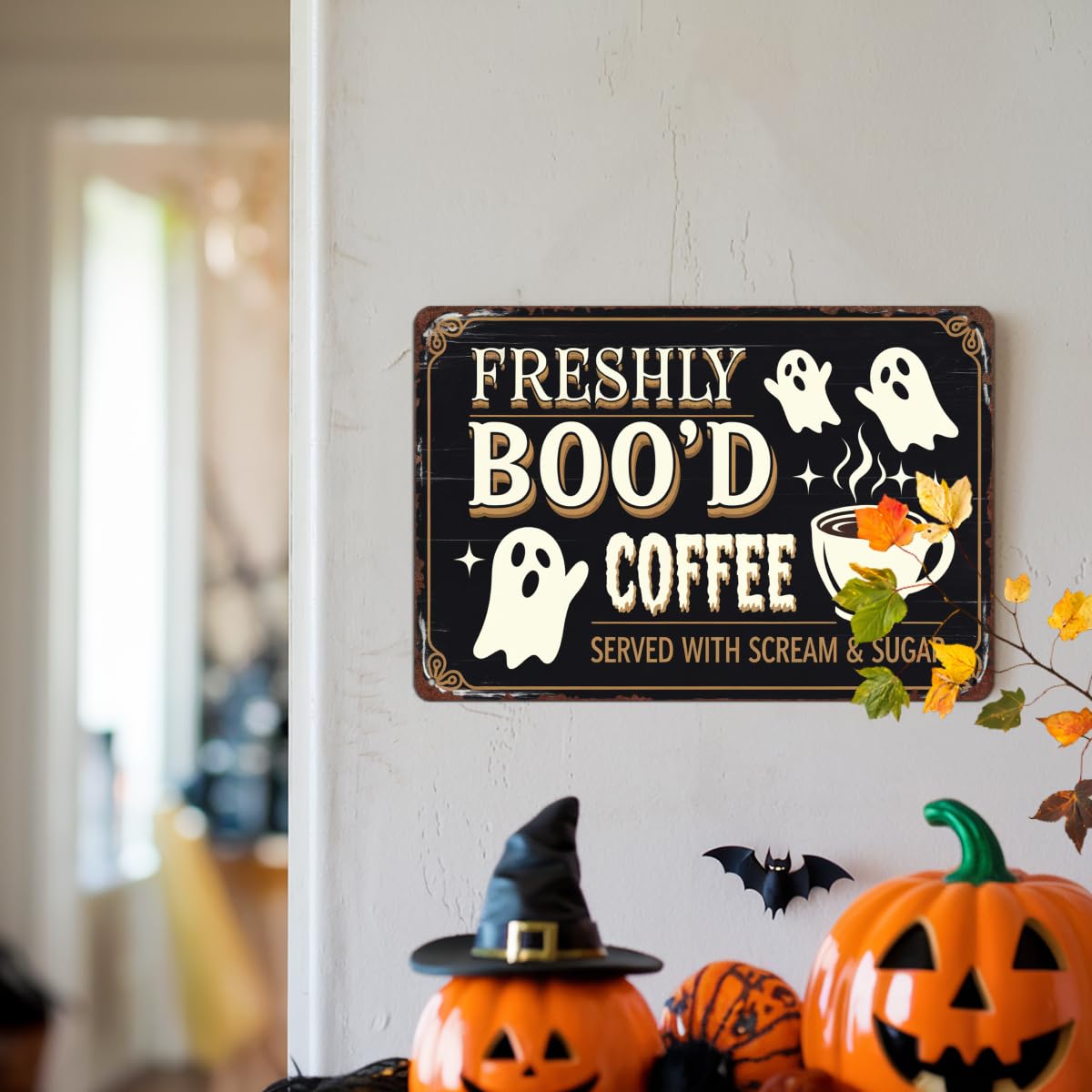 Freshly Boo'd Coffee Halloween Tin Sign for Kitchen Wall Decor