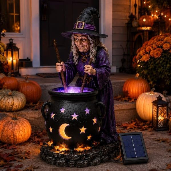 Halloween Witch Glowing Cauldron Solar Garden Light