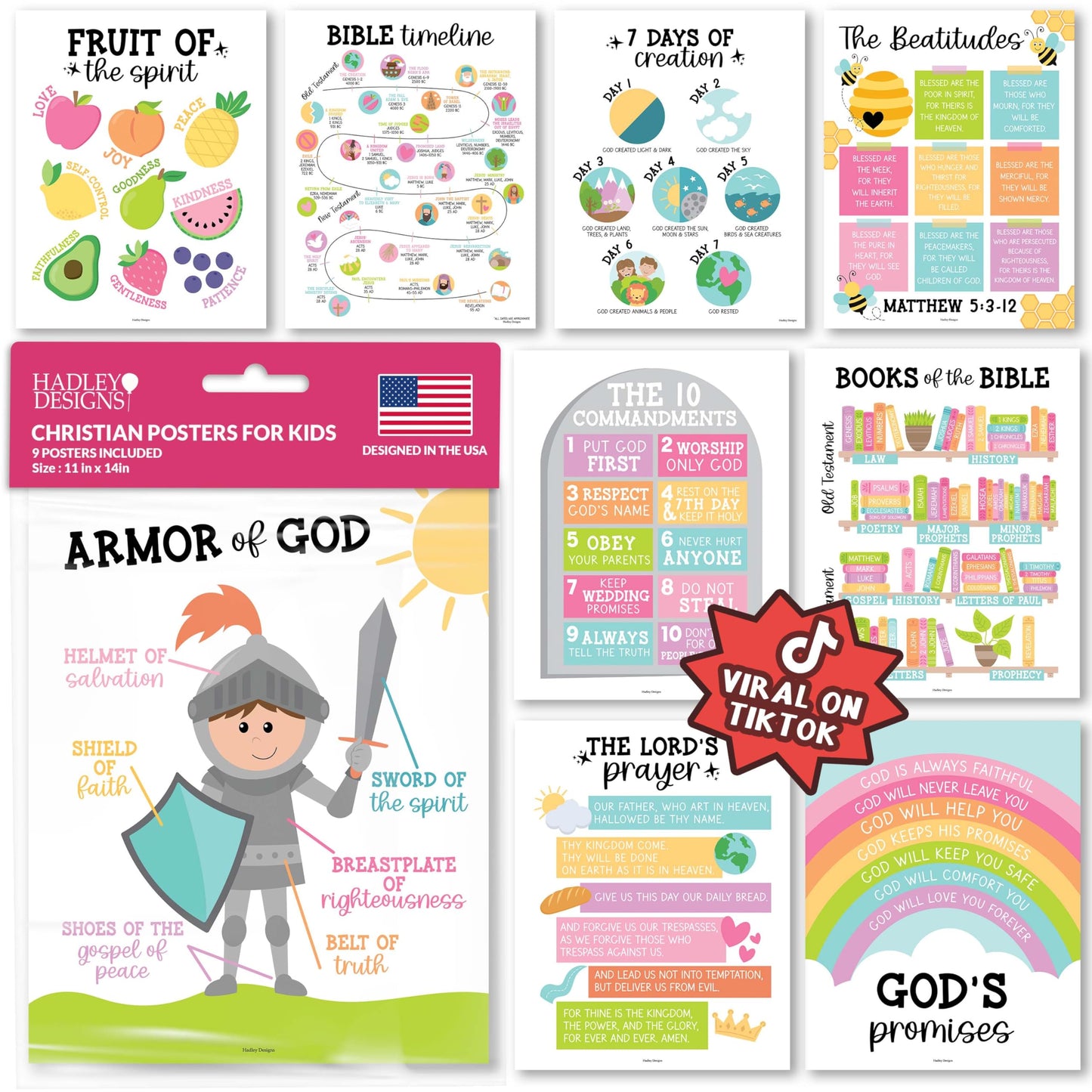 Hadley Designs 9-Pack Christian Posters for Kids (11x14")