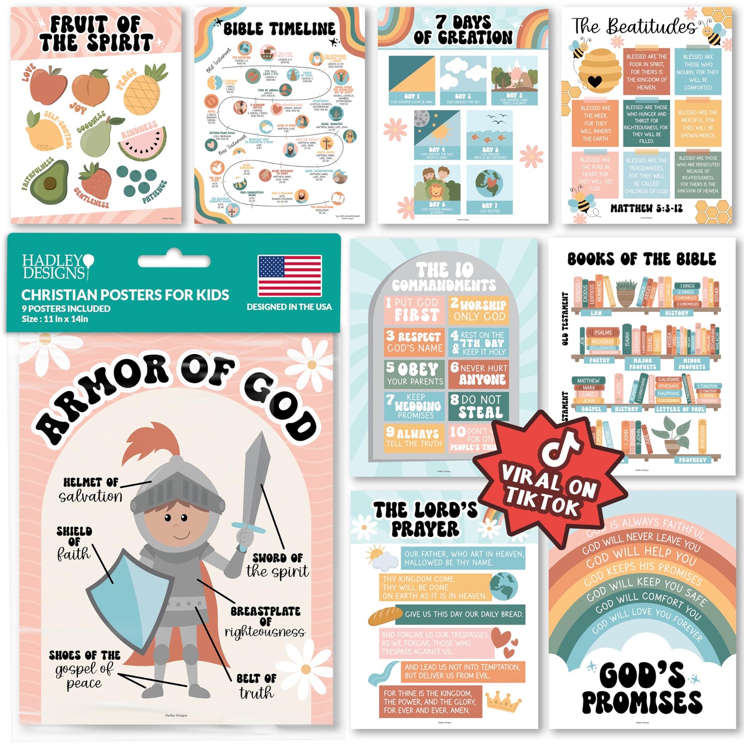 Hadley Designs 9-Pack Christian Posters for Kids (11x14")