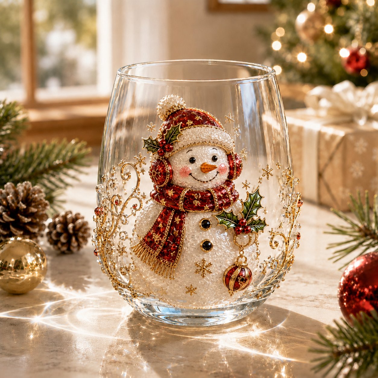 3D Christmas Glass Art Cup with Raised Holiday Designs