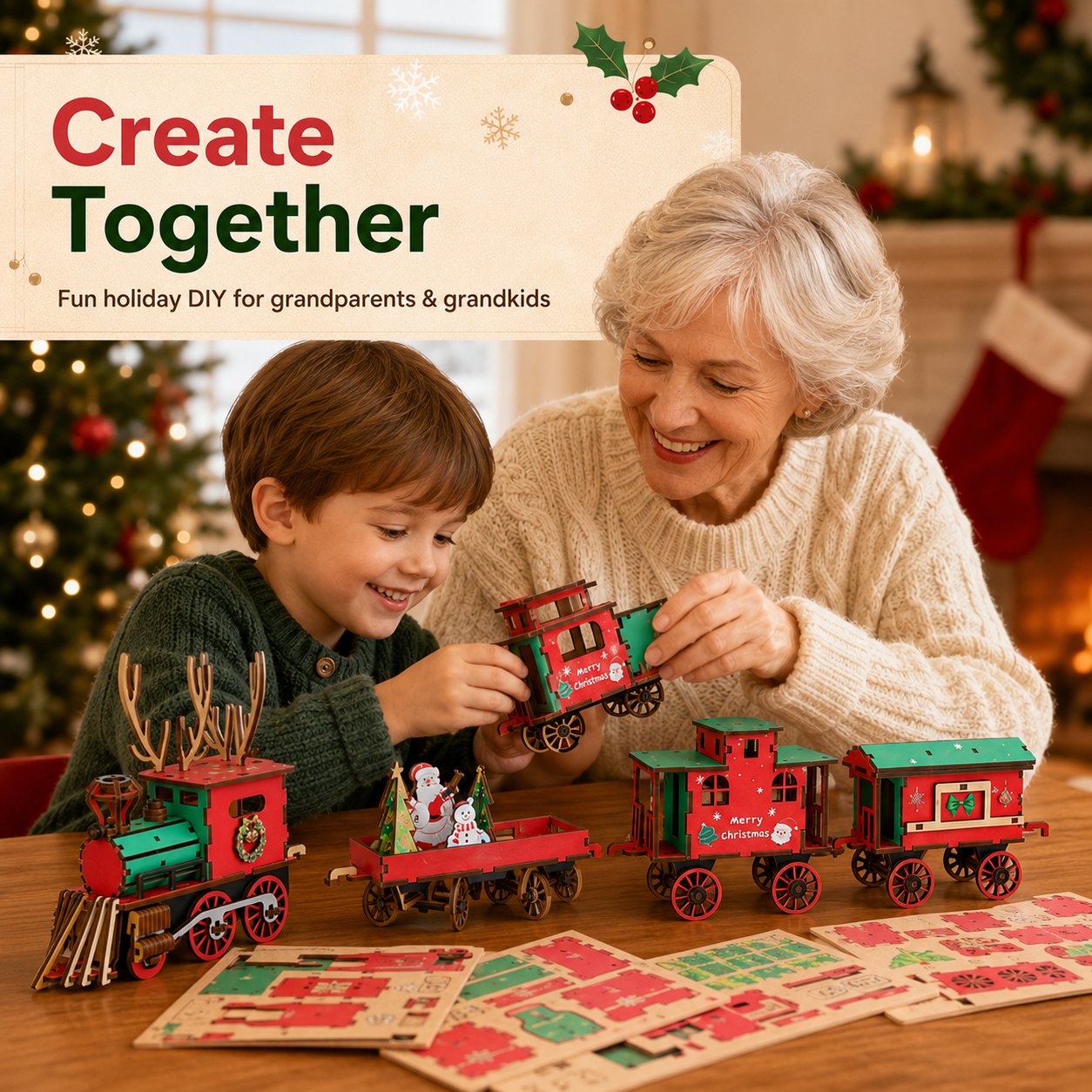 DIY Christmas Wooden Train Set – Glue-Free 3D Puzzle Kit