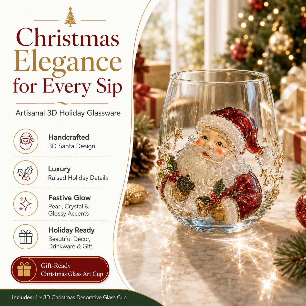 3D Christmas Glass Art Cup with Raised Holiday Designs