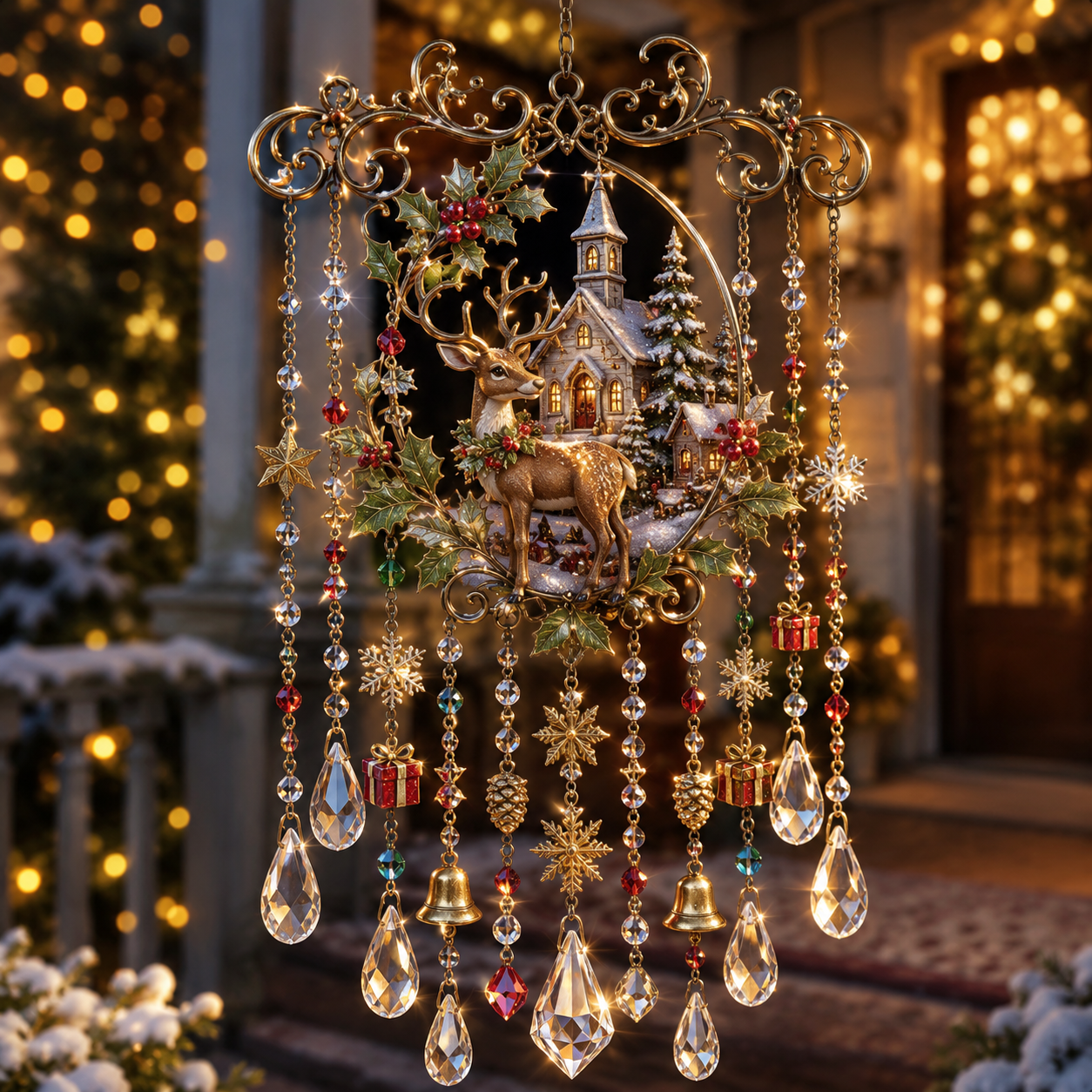 Christmas Crystal Wind Chime with Festive Charms, Gift Decor