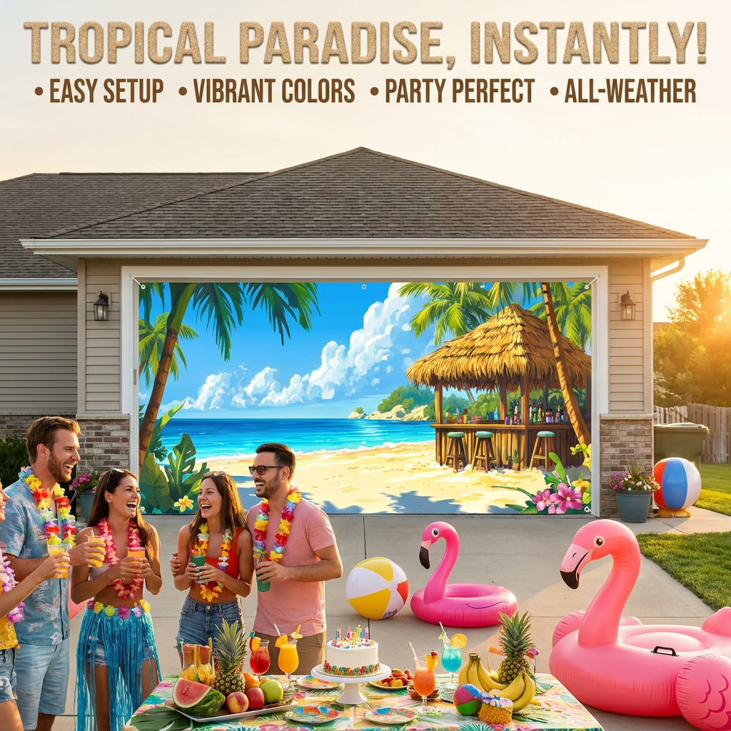 Hawaiian Beach Garage Door Birthday Party Backdrop