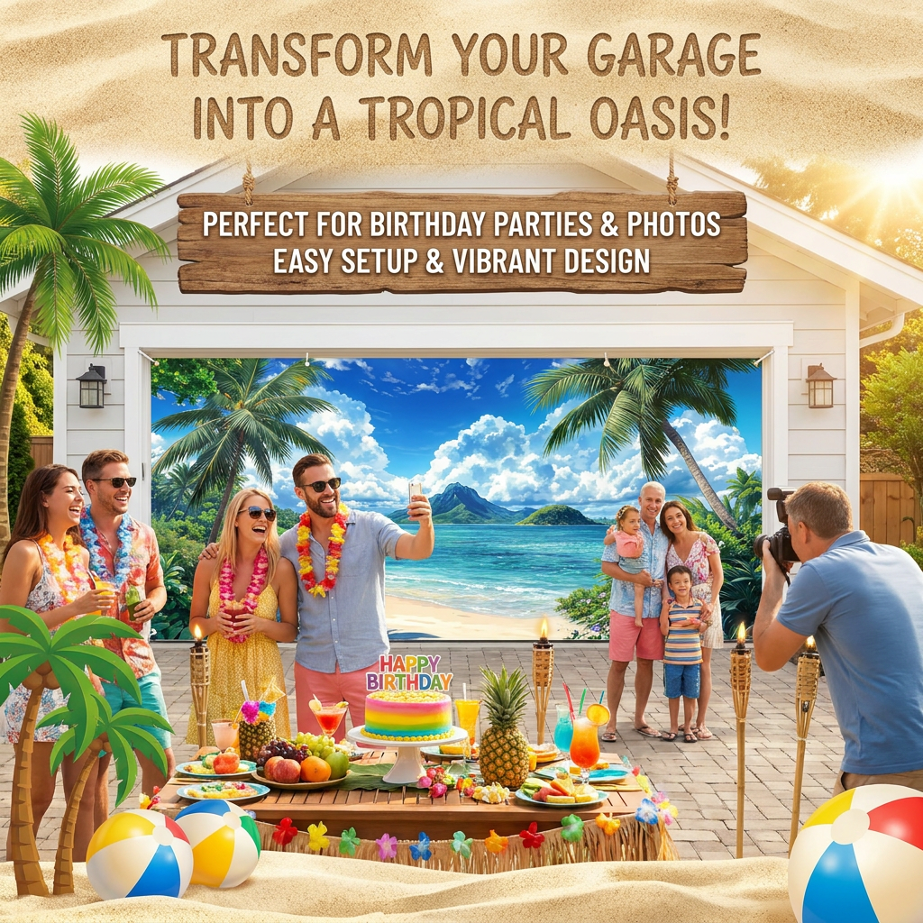 Hawaiian Beach Garage Door Birthday Party Backdrop