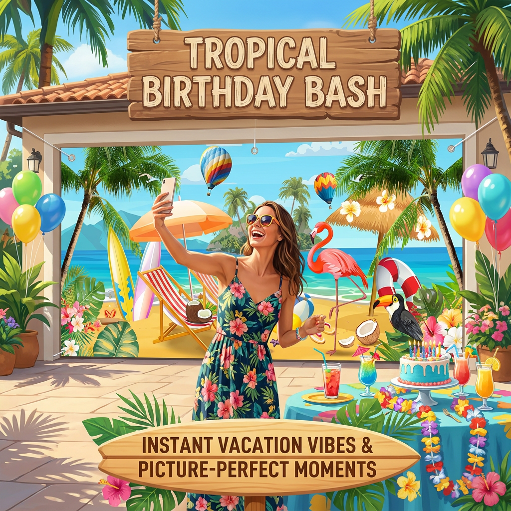 Hawaiian Beach Garage Door Birthday Party Backdrop