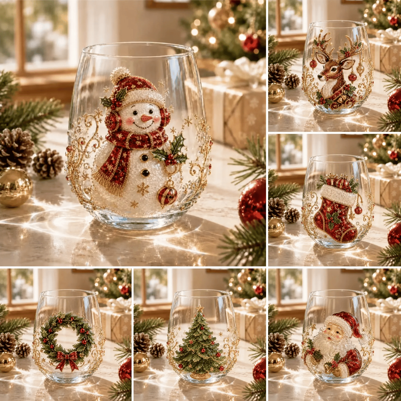 3D Christmas Glass Art Cup with Raised Holiday Designs