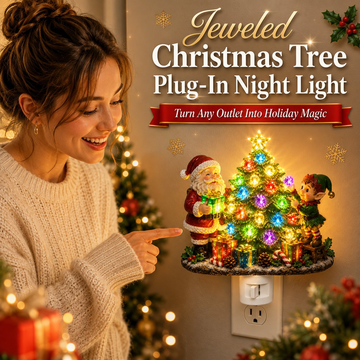 Jeweled Christmas Tree Plug-In Night Light with Santa & Elf