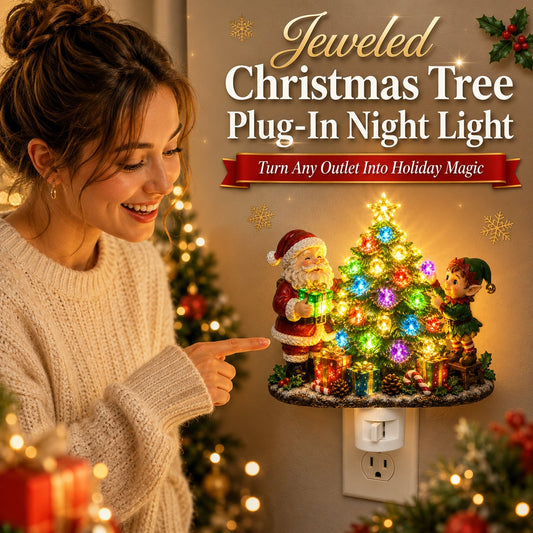 Jeweled Christmas Tree Plug-In Night Light with Santa & Elf