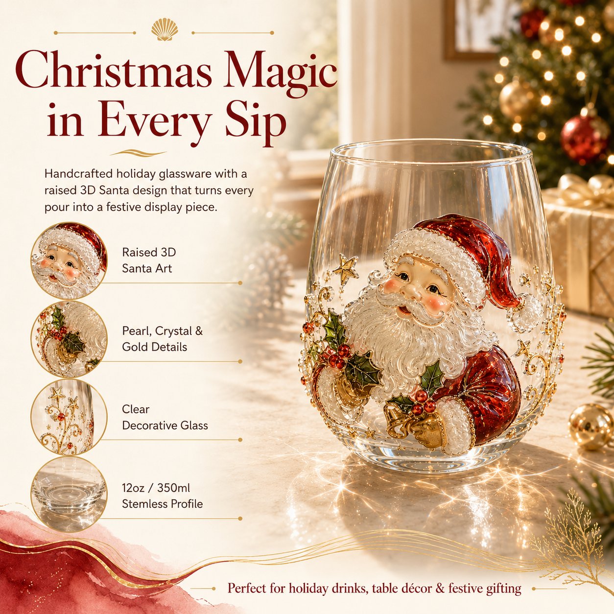 3D Christmas Glass Art Cup with Raised Holiday Designs