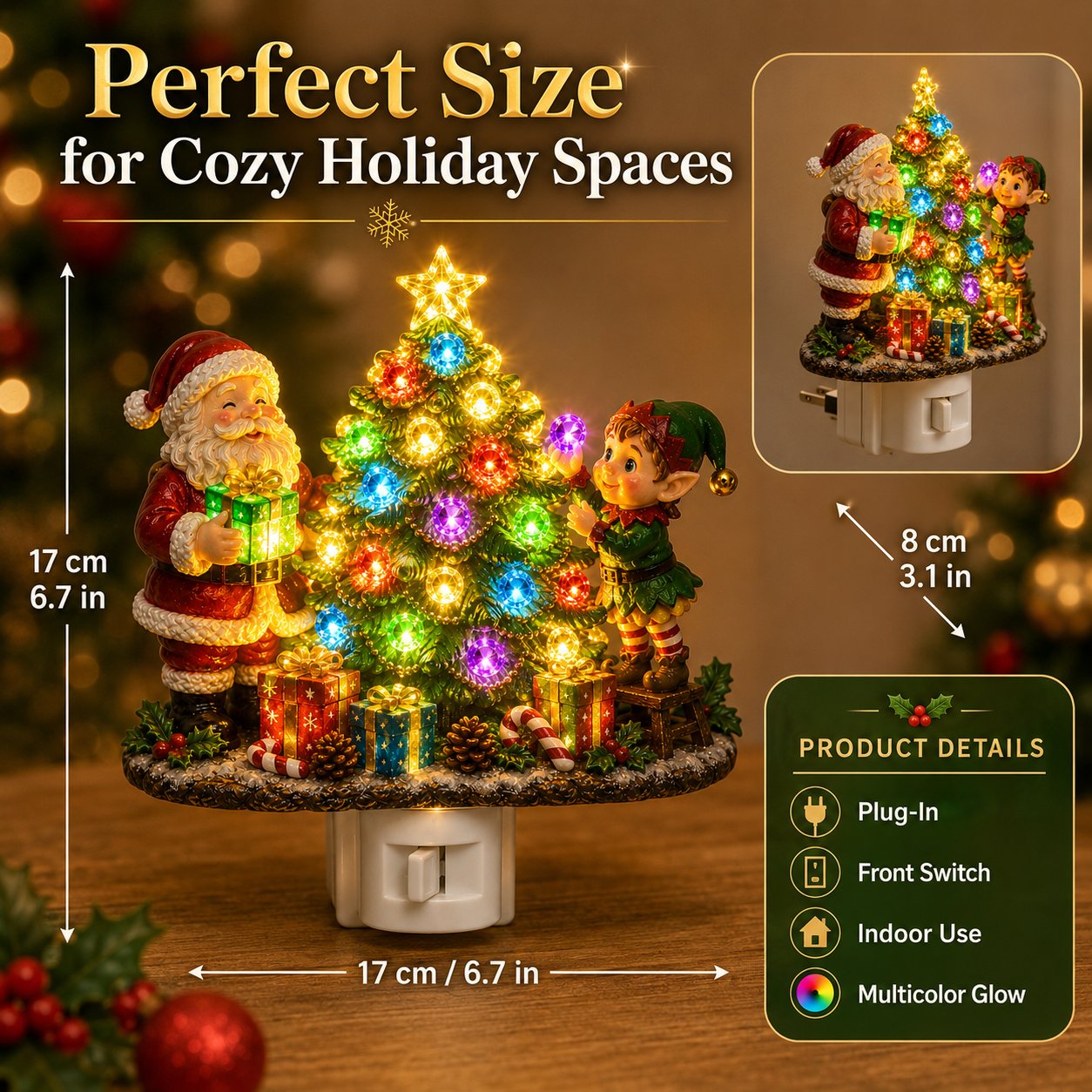 Jeweled Christmas Tree Plug-In Night Light with Santa & Elf