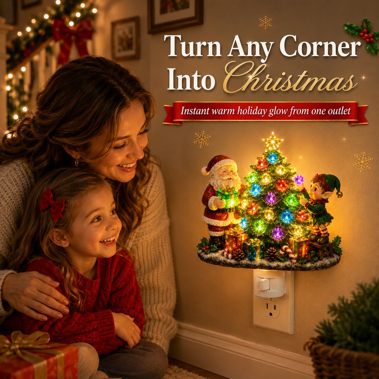 Jeweled Christmas Tree Plug-In Night Light with Santa & Elf