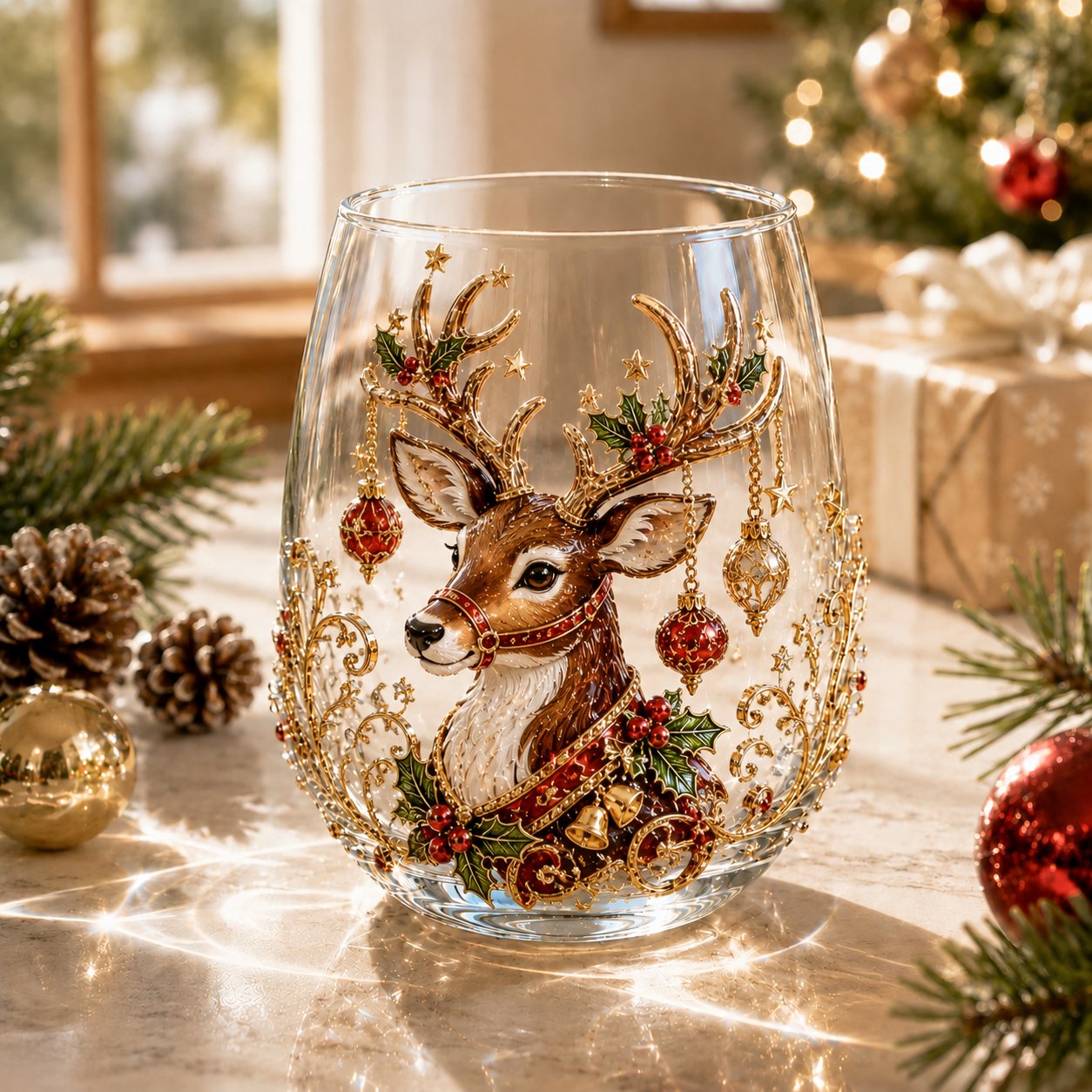 3D Christmas Glass Art Cup with Raised Holiday Designs