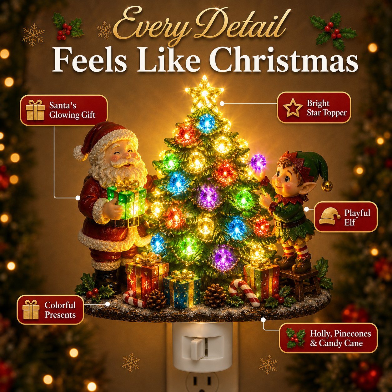 Jeweled Christmas Tree Plug-In Night Light with Santa & Elf