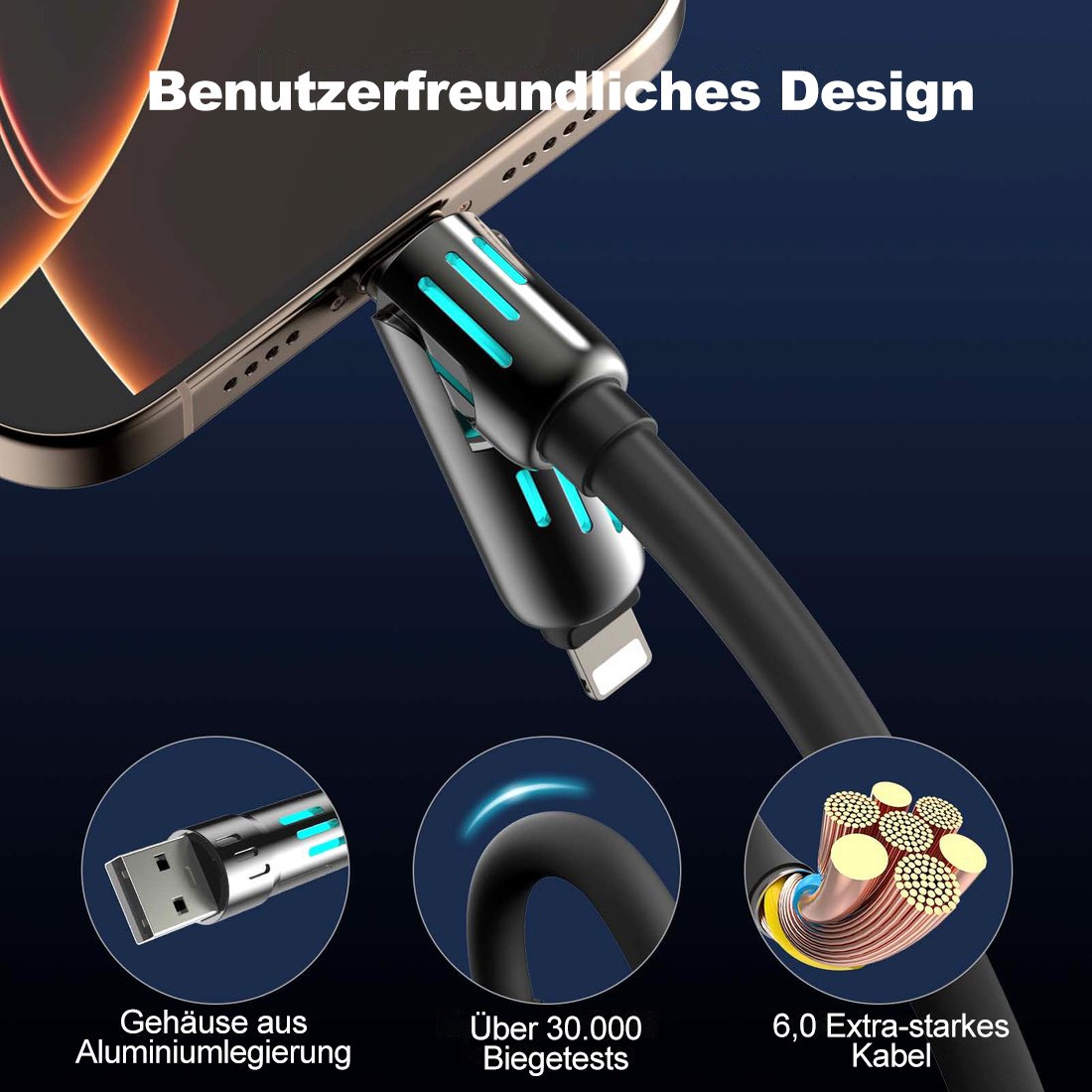 ⏰4-in-1 USB charging cable, fast charging, MAX. 60 W