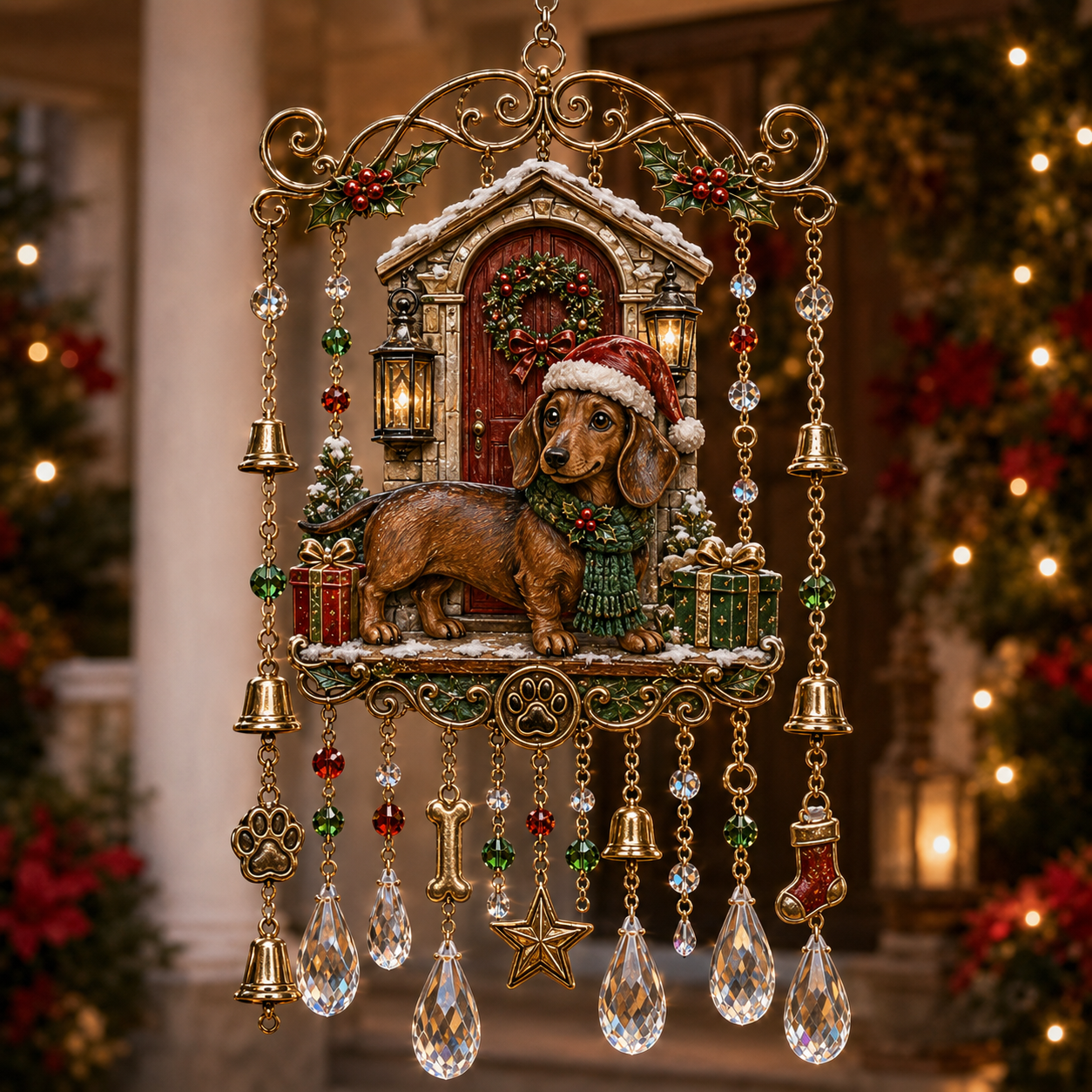 Christmas Crystal Wind Chime with Festive Charms, Gift Decor