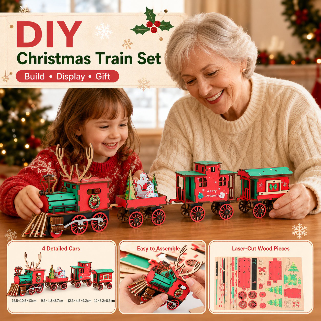 DIY Christmas Wooden Train Set – Glue-Free 3D Puzzle Kit